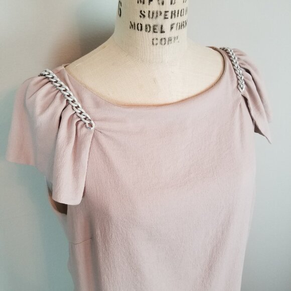 Zara Basic Blush Pink Shift Dress with Flutter Sleeves with Chain Detail Size Lg - Picture 11 of 12